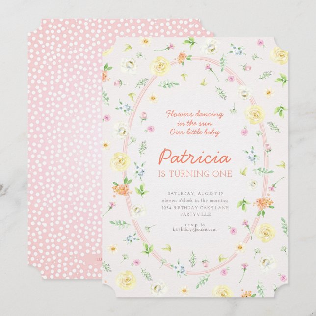 Pastel Floral First Birthday Invitation (Front/Back)