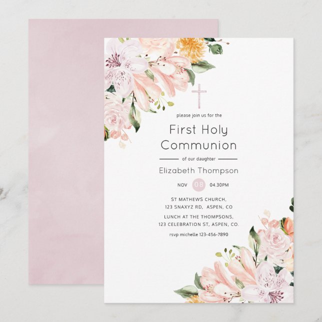 Pastel Floral First Holy Communion Invitation (Front/Back)
