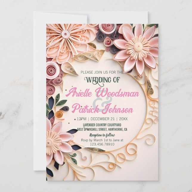 Pastel Floral Frame Wedding Customised Paper Quill Invitation (Front)