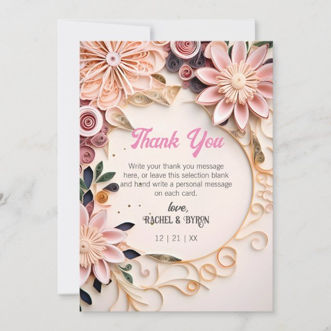 Pastel Floral Frame Wedding Customised Paper Quill Thank You Card (Front)