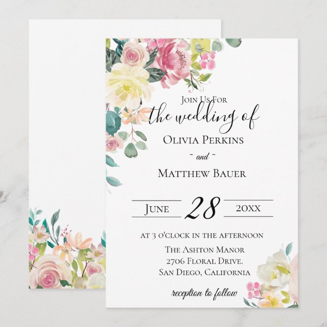Pastel Floral Garden Wedding Invitation (Front/Back)
