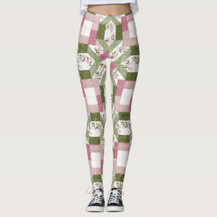 Pastel Floral Geometric Cottagecore Quilt Pattern Leggings