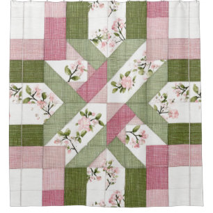 Pastel Floral Geometric Cottagecore Quilt Pattern Shower Curtain