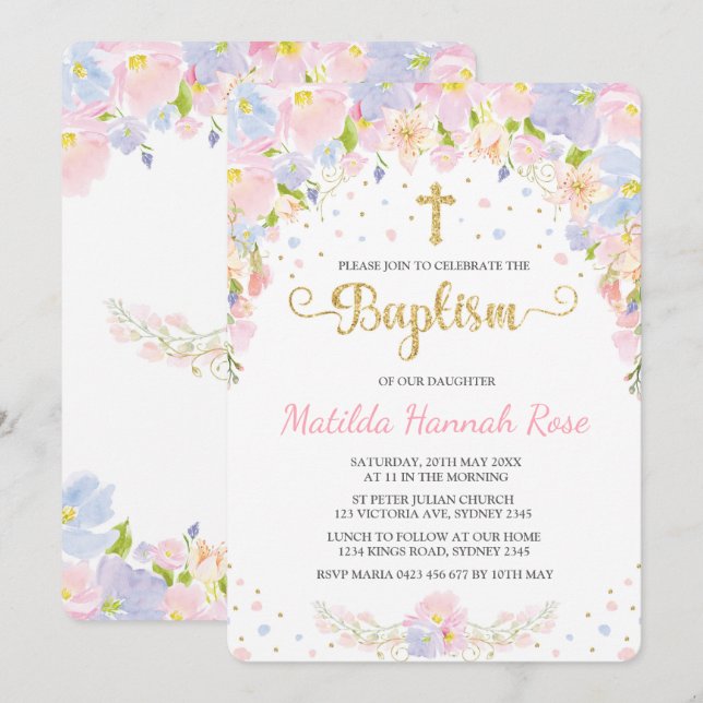 Pastel Floral Girl Baptism Christening Invitation (Front/Back)