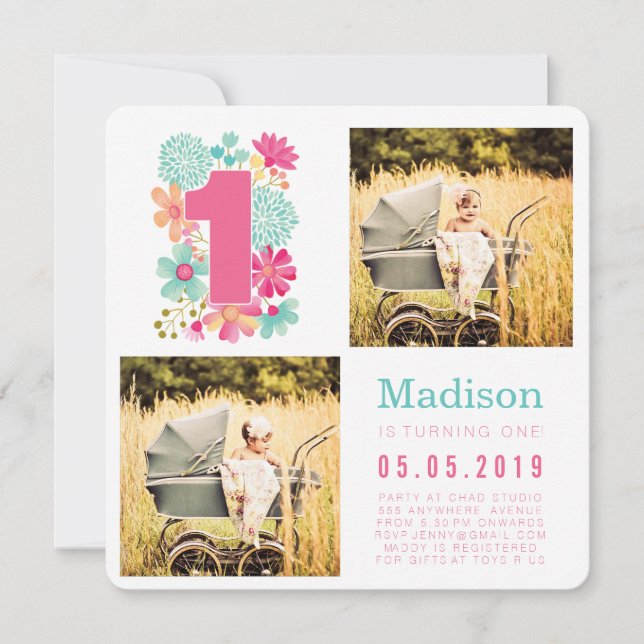 Pastel Floral Girls 1st Birthday Photo Cards (Front)