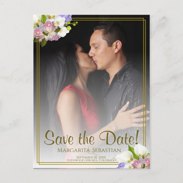 Pastel Floral Gold Frame Wedding Save the Date Postcard (Front)