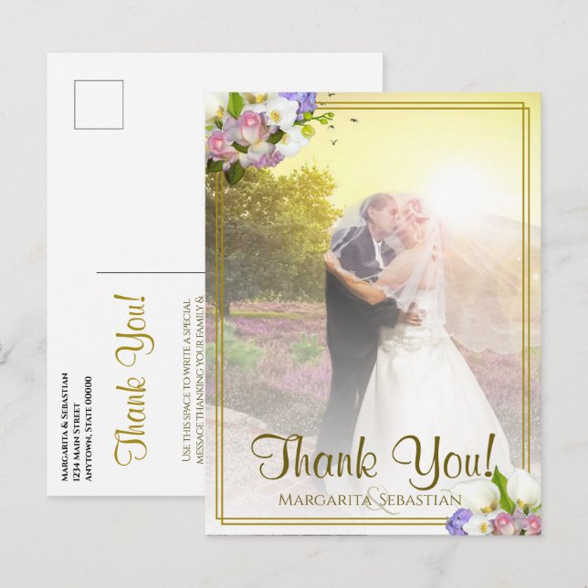 Pastel Floral Gold Frame Wedding Thank You Photo Postcard (Front/Back)