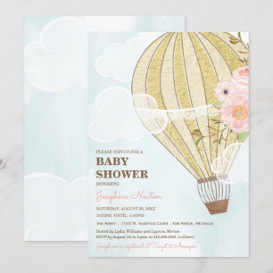 Pastel Floral & Gold Hot Air Balloon Baby Shower Invitation