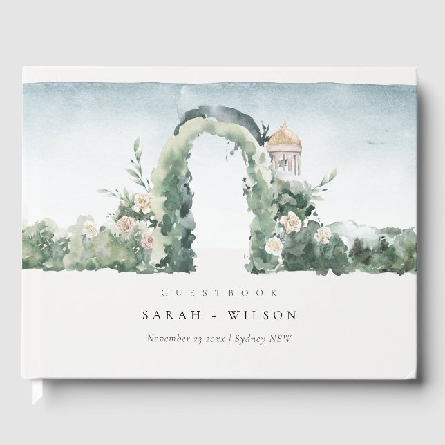 Pastel Floral Green Garden Arch Botanical Wedding Guest Book (Front)