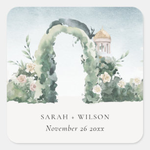 Pastel Floral Green Garden Arch Botanical Wedding Square Sticker