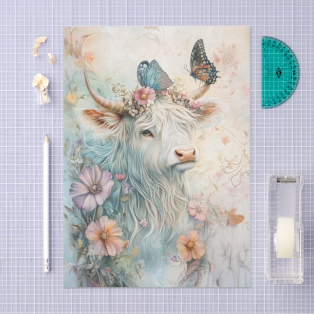 Pastel Floral Highland Cow Decoupage Tissue Paper (Craft)