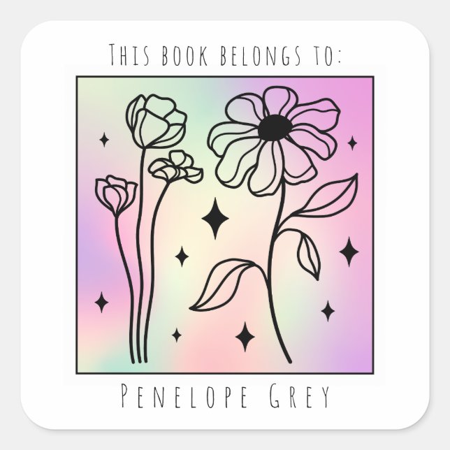 Pastel Floral Hologram Square Book Plate Sticker (Front)