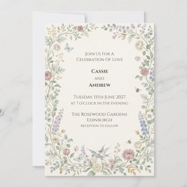 Pastel Floral Hummingbird Wedding Invitation (Front)