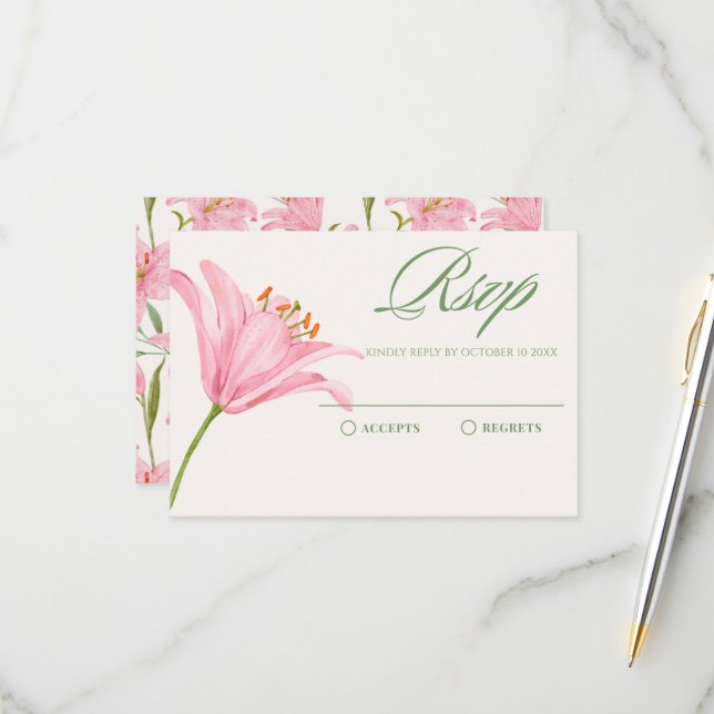 Pastel floral lily pink green RSVP card (Front/Back In Situ)