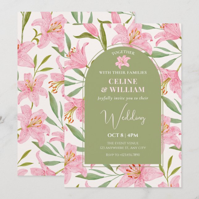 Pastel floral lily pink green wedding  invitation (Front/Back)