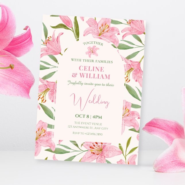 Pastel floral lily pink green wedding  invitation (Creator Uploaded)