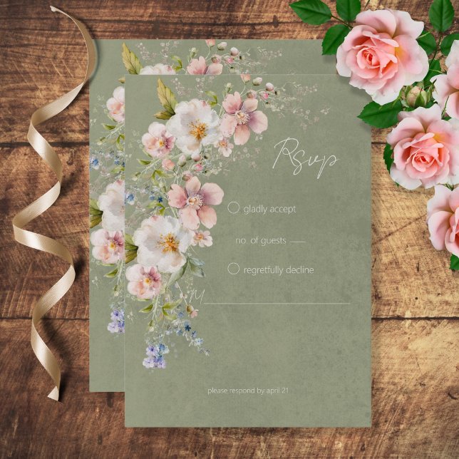 Pastel Floral Modern Green Wedding RSVP Card (Creator Uploaded)