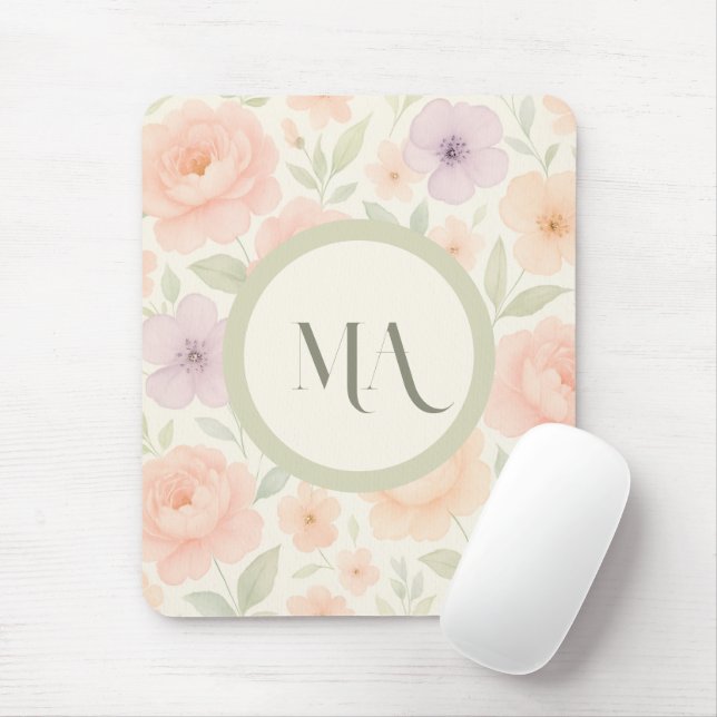Pastel Floral Monogram Mousepad – Personalised (With Mouse)