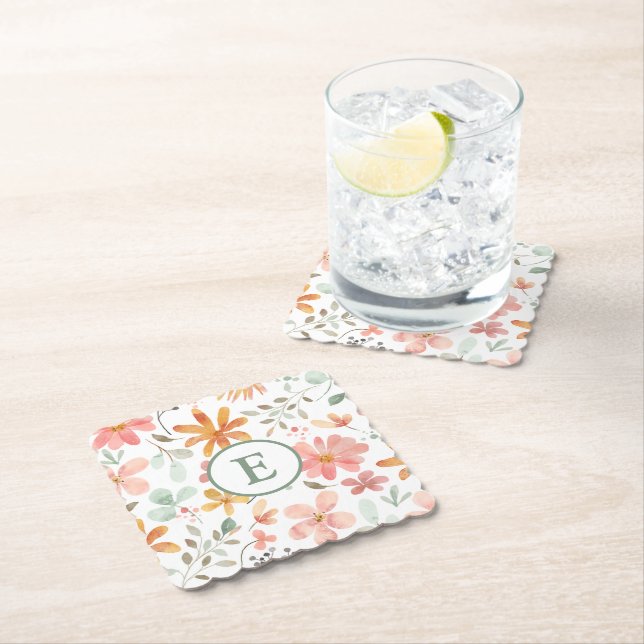 Pastel Floral Monogram Paper Coaster (Insitu)