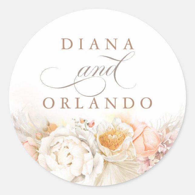 Pastel Floral Pampas Grass Wedding Classic Round Sticker (Front)