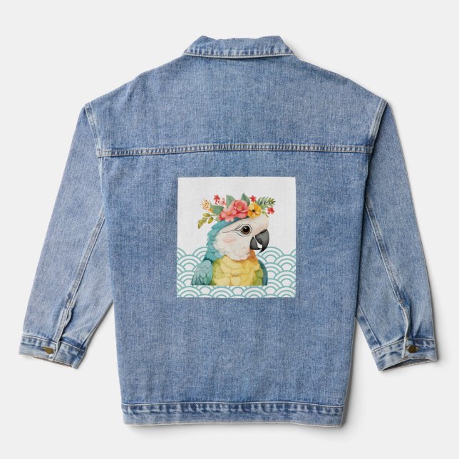 Pastel Floral Parrot Wave Pattern Illustration Denim Jacket (Back)