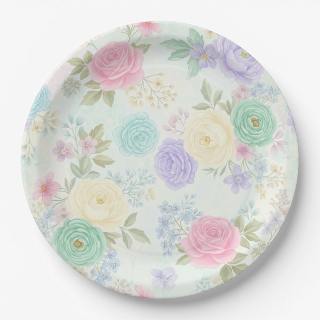 Pastel Floral Party Paper Plates  (Front)