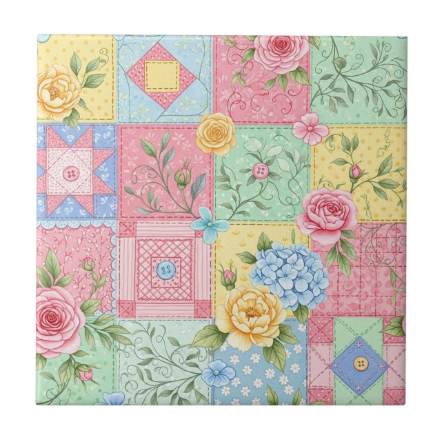 Pastel Floral Patchwork Picnic Pattern (10) Tile (Front)