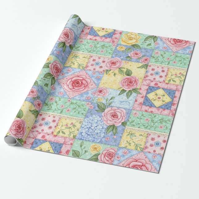 Pastel Floral Patchwork Picnic Pattern (10) Wrapping Paper (Unrolled)
