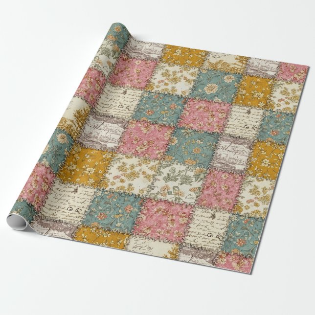 Pastel Floral Patchwork Picnic Pattern (12) Wrapping Paper (Unrolled)
