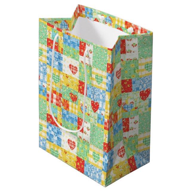 Pastel Floral Patchwork Picnic Pattern Medium Gift Bag (Front Angled)