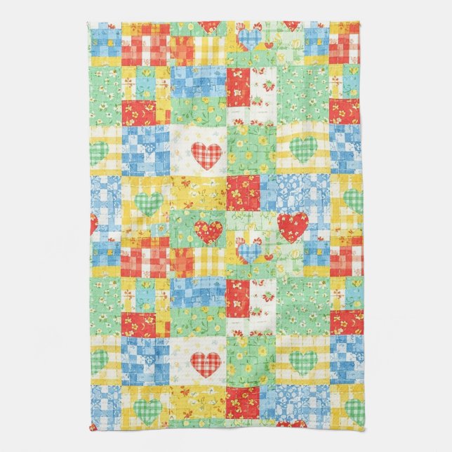 Pastel Floral Patchwork Picnic Pattern Tea Towel (Vertical)