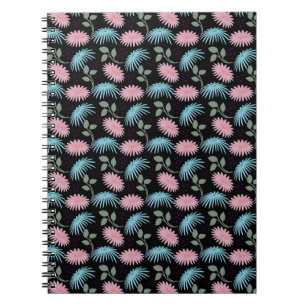 Pastel Floral Pattern on Black Background   Cute D Notebook