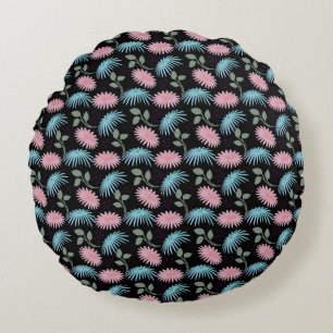 Pastel Floral Pattern on Black Background   Cute D Round Cushion