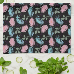 Pastel Floral Pattern on Black Background   Cute D Tea Towel