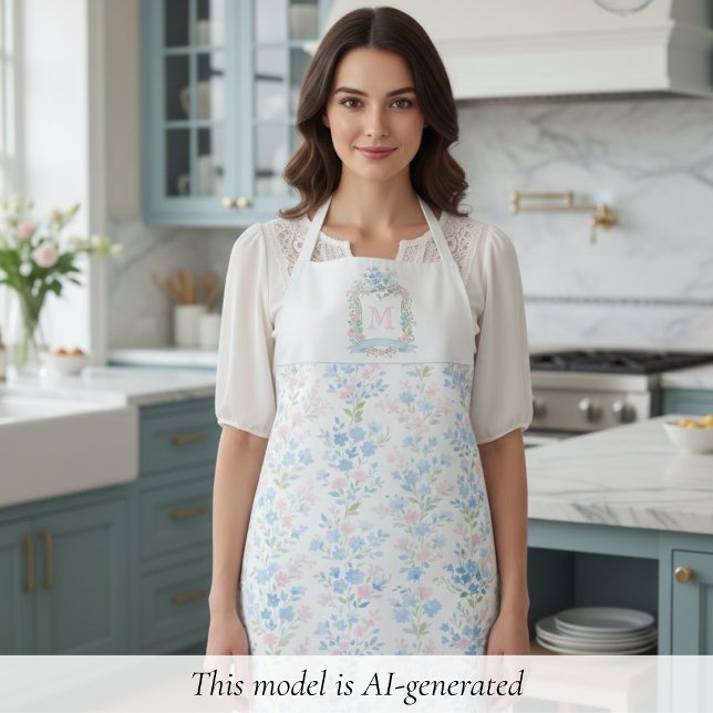 Pastel Floral Personalised Monogram Apron (elegant preppy grandmillennial pink blue floral pattern apron with family crest and custom initial )