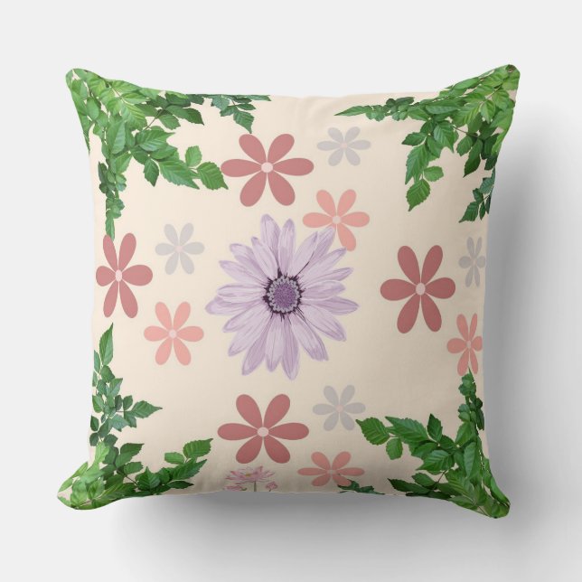 Pastel Floral Pillow with Lavender Daisy & Green L (Front)