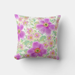 Pastel Floral Pink Anemone & Garden Blossom Cushion