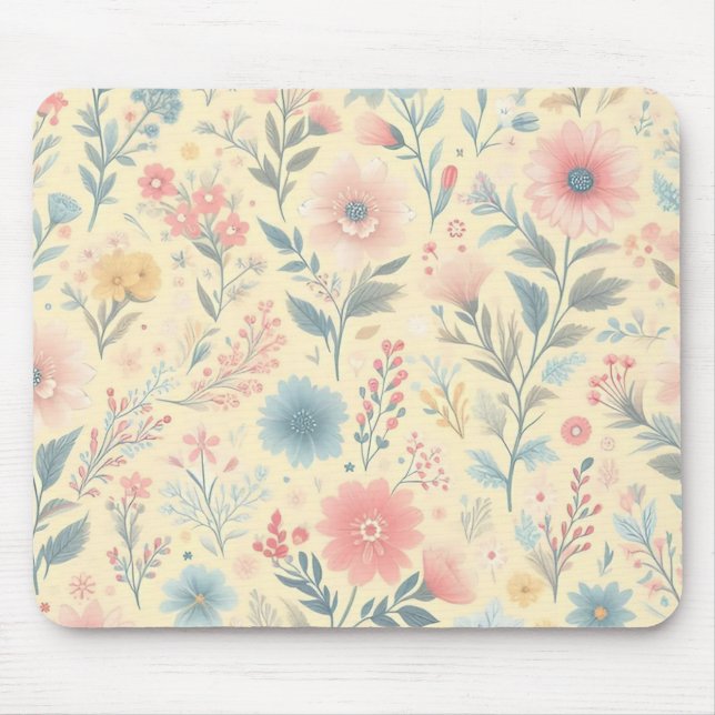 Pastel Floral Pink & Blue on Light Yellow Mouse Mat (Front)