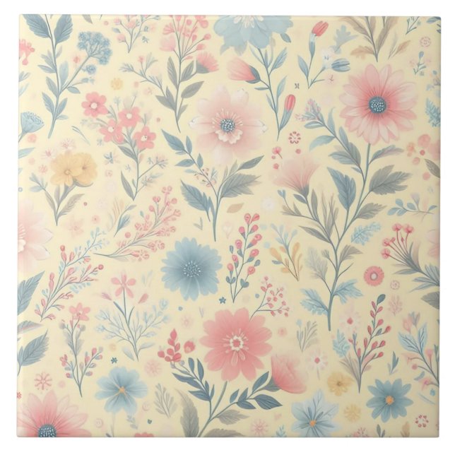Pastel Floral Pink & Blue on Light Yellow Tile (Front)