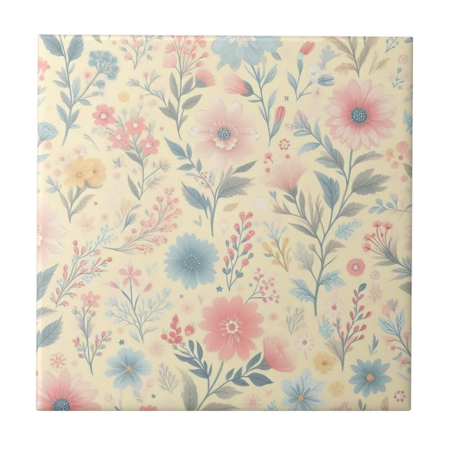 Pastel Floral Pink & Blue on Light Yellow Tile (Front)