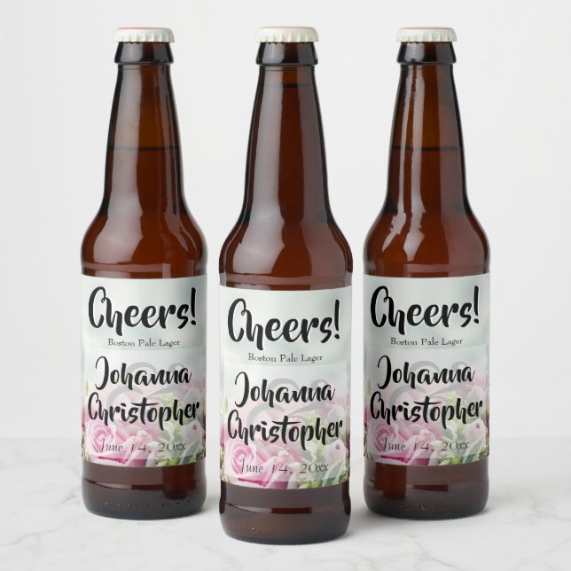 Pastel Floral Pink Roses Cheers Fun Wedding Beer Bottle Label (Bottles)