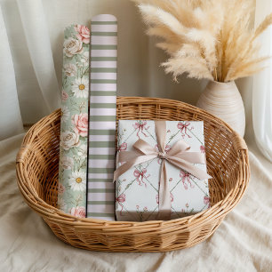 Pastel Floral Pink Roses Stripes Elegant Bridal Wrapping Paper Sheet