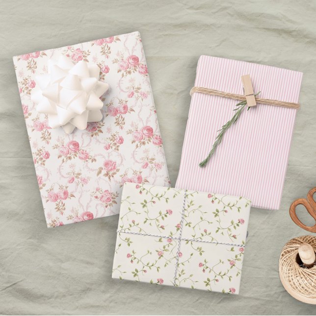 Pastel Floral Pink Roses Stripes Elegant Bridal Wrapping Paper Sheet (Creator Uploaded)