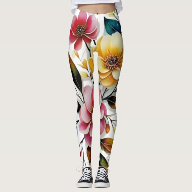 pastel floral pink yellow art vector leggings (Front)
