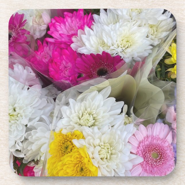 Pastel Floral Pink, Yellow & White Chrysanthemum Coaster (Front)
