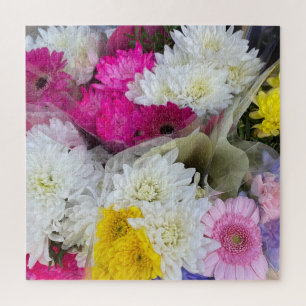 Pastel Floral Pink, Yellow & White Chrysanthemum Jigsaw Puzzle