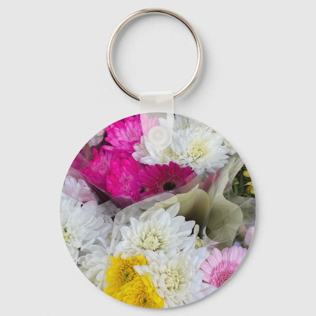 Pastel Floral Pink, Yellow & White Chrysanthemum Key Ring (Front)