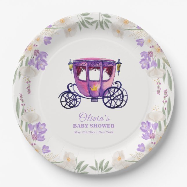 Pastel Floral Princess Carriage Girl Baby Shower  Paper Plate (Front)