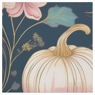 Pastel Floral Pumpkin Patch on Dark Blue Fabric