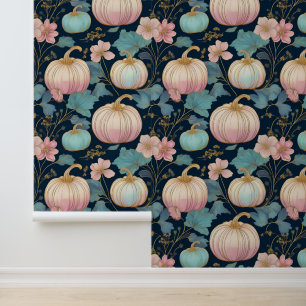 Pastel Floral Pumpkin Patch on Dark Blue  Wallpaper